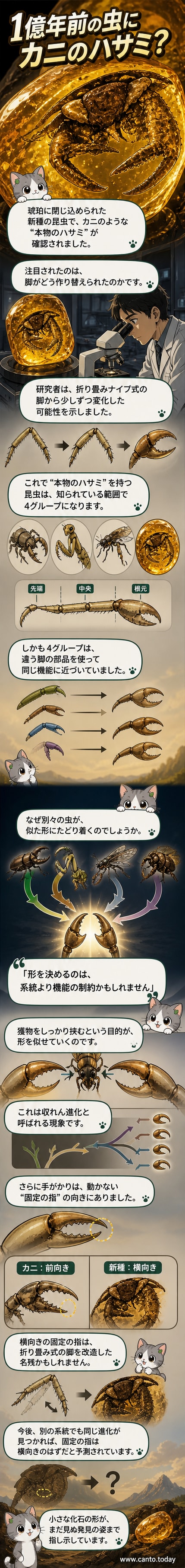 琥珀の中に閉じ込められた1億年前の昆虫。その脚の一部がカニのハサミのように発達している。
