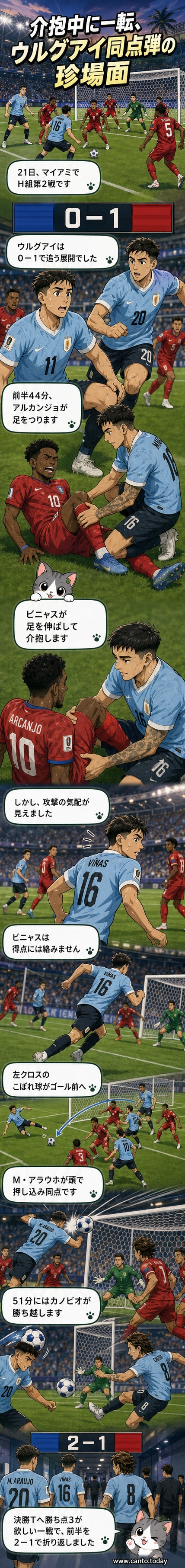 サッカーの試合で、ウルグアイの選手が足をつった相手選手に近づき、その後ボールを奪って攻撃に移る瞬間をとらえた画像。