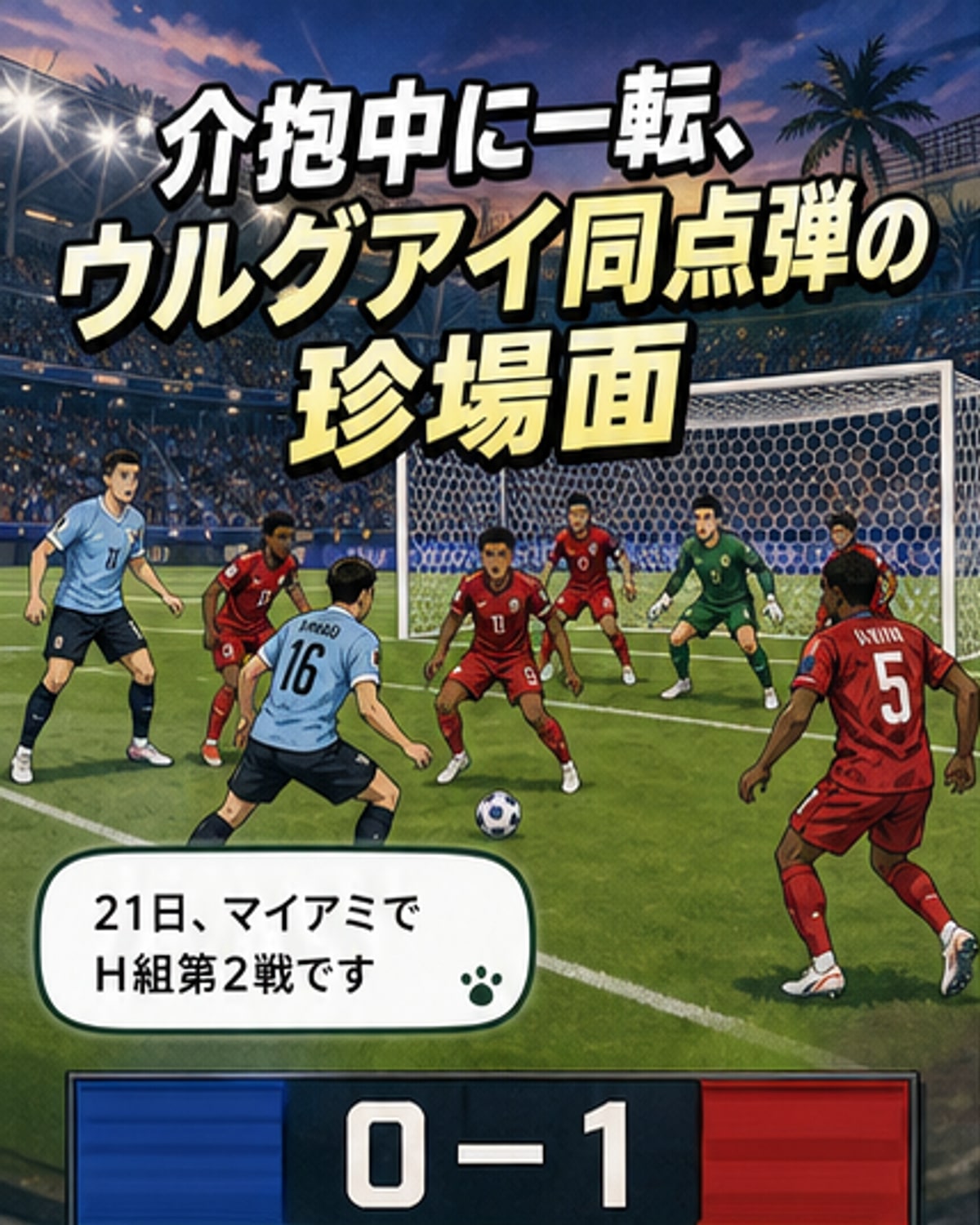 サッカーの試合で、ウルグアイの選手が足をつった相手選手に近づき、その後ボールを奪って攻撃に移る瞬間をとらえた画像。
