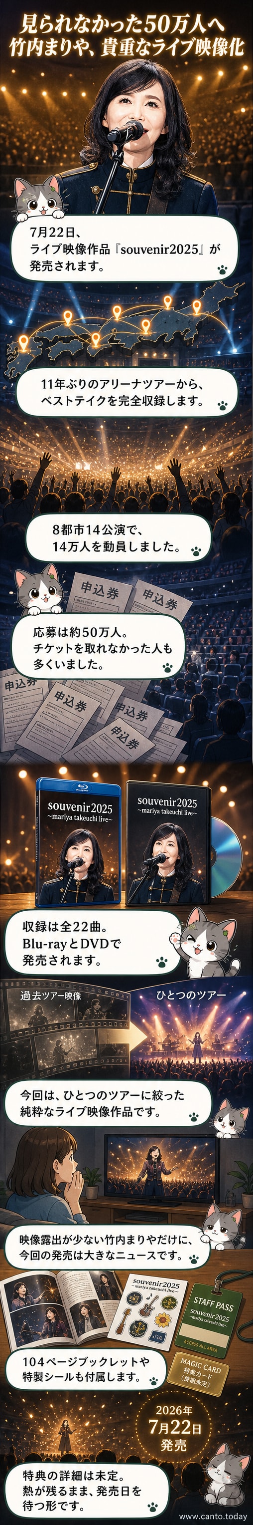 ステージでマイクを握り、静かに歌う竹内まりやのライブショット。背景は暗く、スポットライトが彼女に集中している。