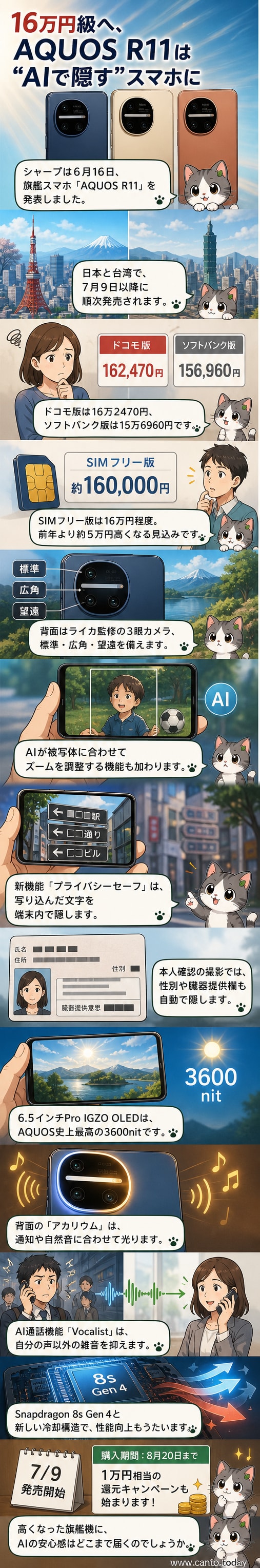 シャープの新型スマートフォンAQUOS R11。背面に光るアカリウムラインと三眼カメラが特徴的。ネイビー、アイボリー、テラコッタの3色展開。