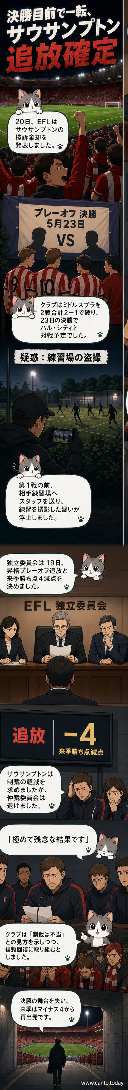 サウサンプトンFCの選手がピッチでうなだれる様子。背後には『EFL』のロゴと、『4ポイント減』と書かれたパネルが映し出されている。