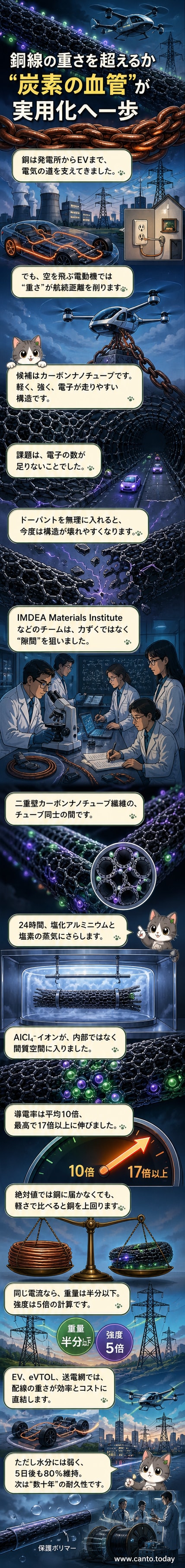 高度に整列したカーボンナノチューブの間にイオンが挿入され、電気を効率よく運ぶ様子を描いた科学イラスト。