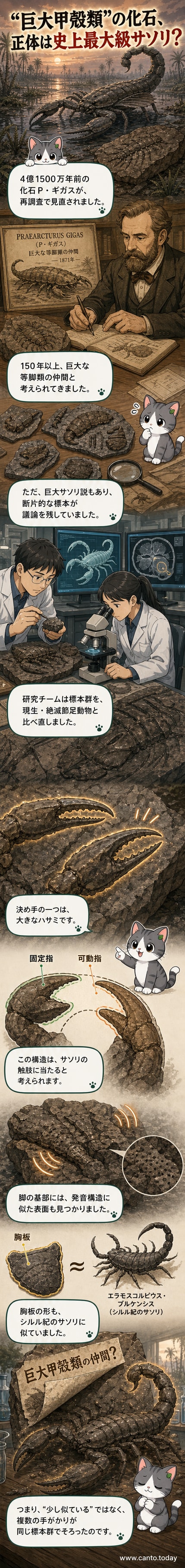 4億年前の巨大サソリの化石と、そのハサミ部分の拡大図。節足動物の体構造が詳細に描写されている。