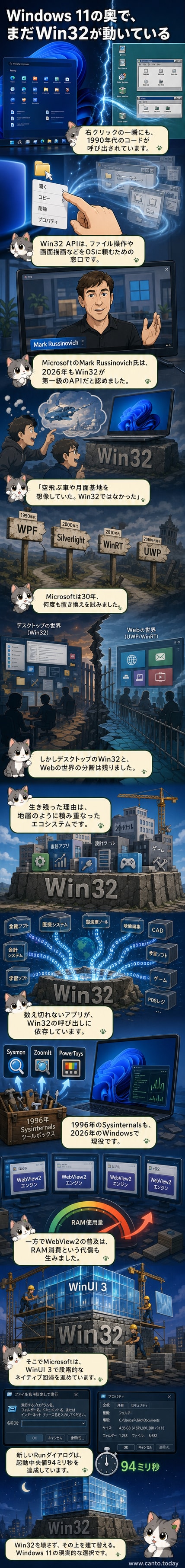 Windows 11のデスクトップ画面で、右クリックメニューが開く瞬間。背景には1995年のWindows 95のUIが重なって表示され、古いコードが今も使われていることを象徴的に表現。
