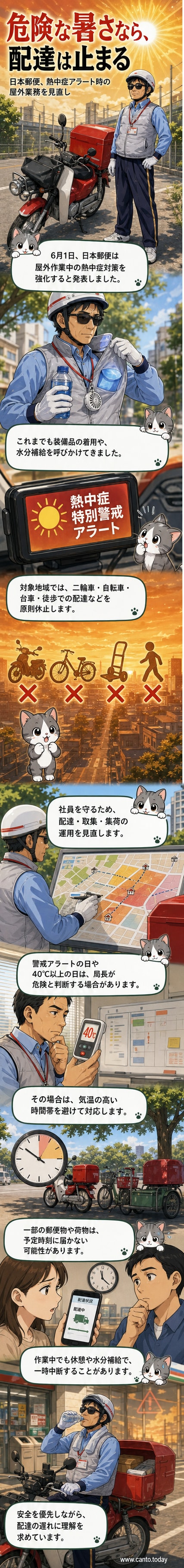 炎天下の路上で作業する郵便局員の横に、熱中症警戒アラートの警告が表示され、作業が一時中止されている様子を描いたイラスト。