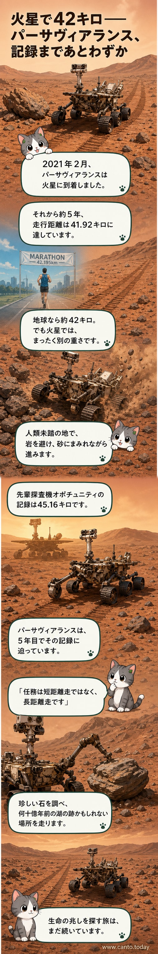 NASAの火星探査機パーサヴィアランスが赤い大地を走る様子。背景には荒涼とした火星の地平線が広がる。