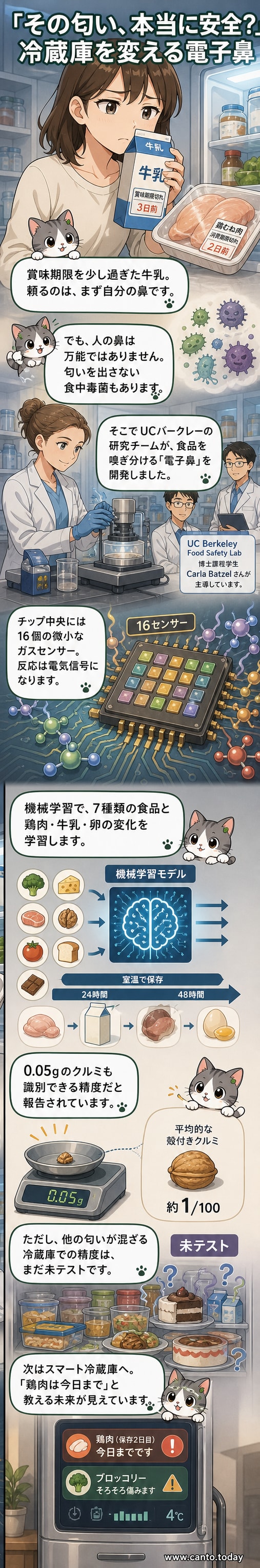 電子鼻の中央に16個のガスセンサーが配置されたチップ。カーボンナノチューブを用いた高感度センサーが腐敗ガスを検出。