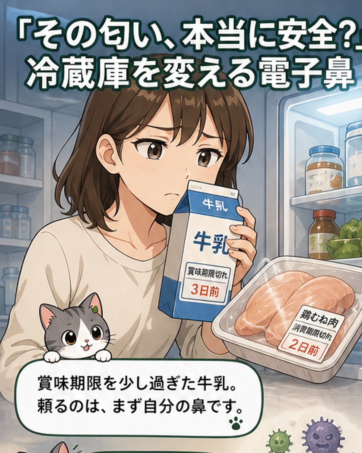 電子鼻の中央に16個のガスセンサーが配置されたチップ。カーボンナノチューブを用いた高感度センサーが腐敗ガスを検出。