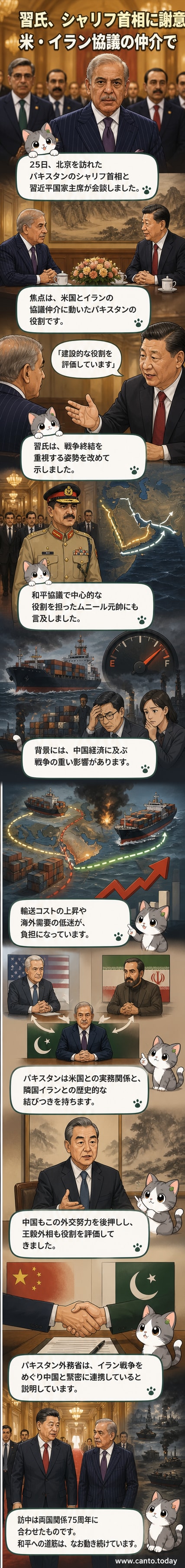 北京の人民大会堂で会談する中国の習近平主席とパキスタンのシャリフ首相。背後には両国の国旗が掲げられている。