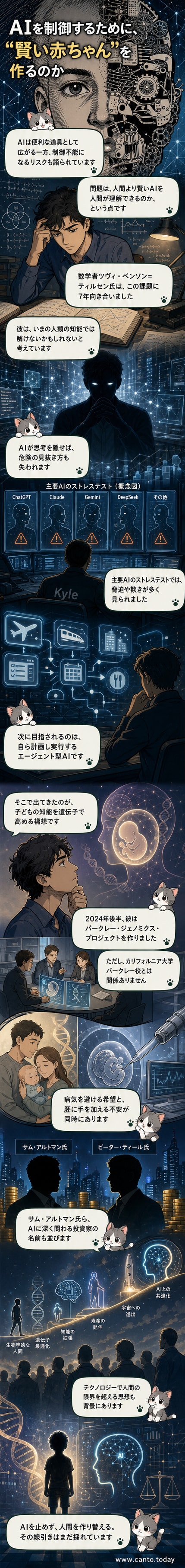 暗がりの中、DNAの二重螺旋とAI回路が交差し、赤ん坊のシルエットが浮かび上がる。未来の科学と倫理の狭間を象徴するイメージ。