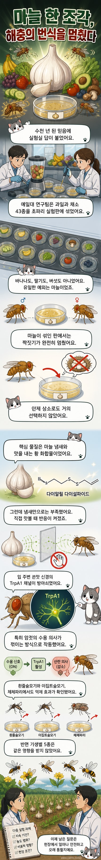 마늘 조각 주변을 피하는 곤충들의 모습을 과학 만화 스타일로 표현한 커버 패널