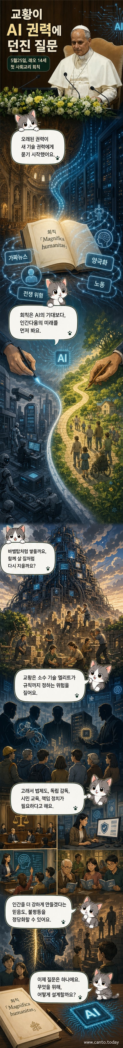 교황이 성경을 들고 인공지능 로봇과 나란히 서 있는 디지털 아트 이미지. 배경에는 바벨탑과 데이터 서버가 어우러져 있다.
