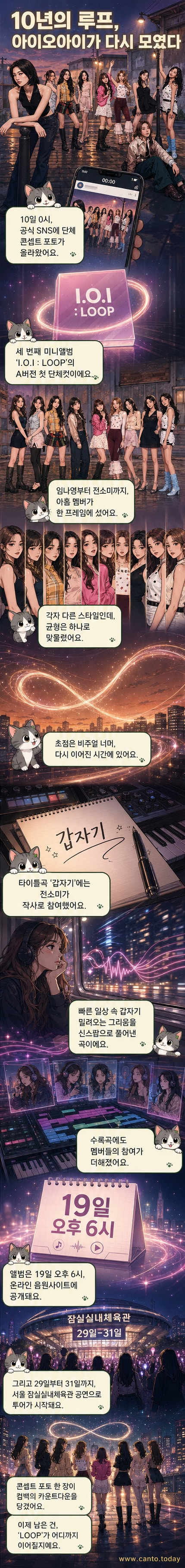 아이오아이(I.O.I) 아홉 멤버가 이국적인 배경에서 단체 콘셉트 포토를 촬영한 모습. 각각의 개성 있는 패션과 당당한 포즈가 돋보임.