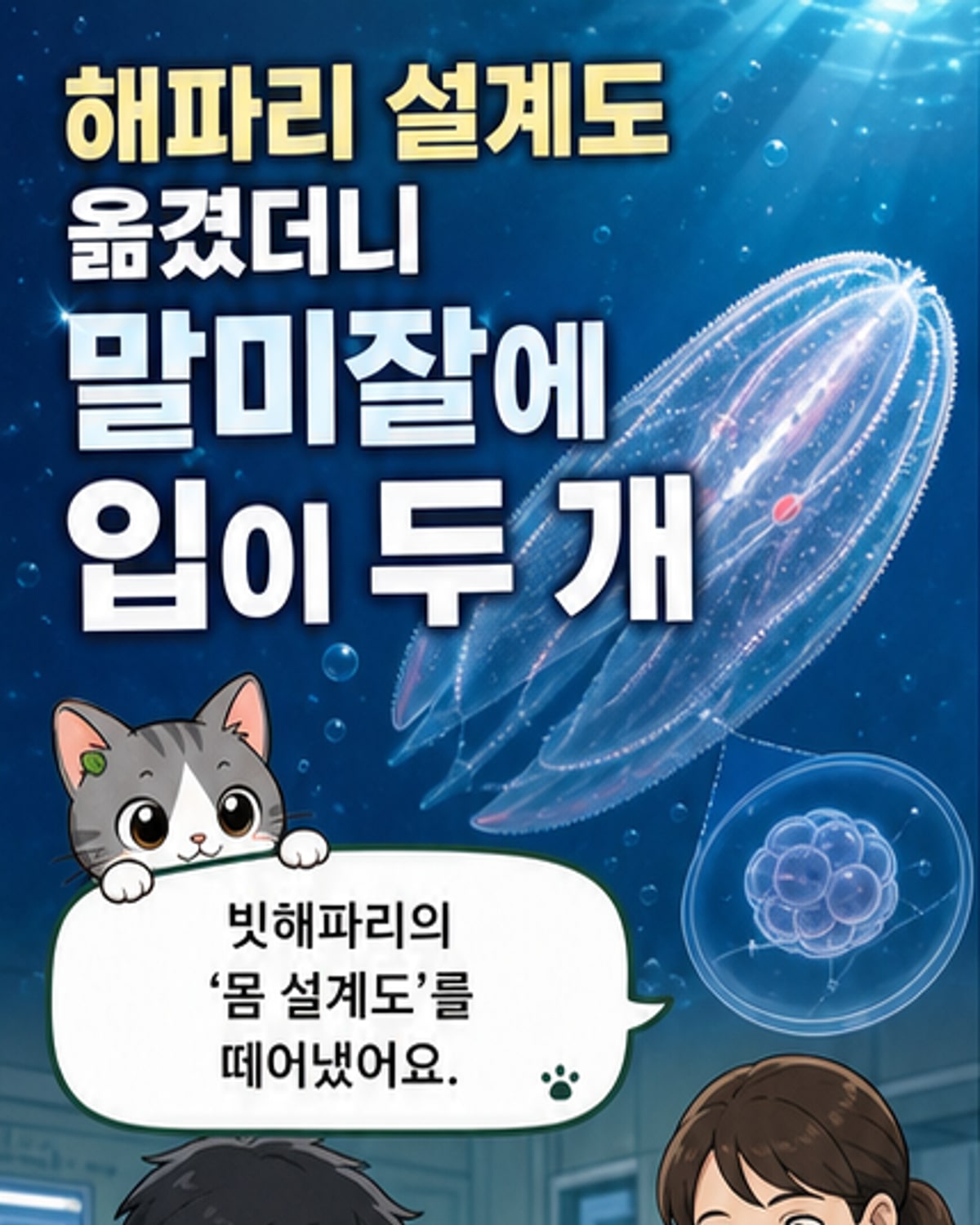 해파리의 유전자 설계도를 말미잘에 이식해 입이 두 개 생긴 실험 결과를 보여주는 일러스트
