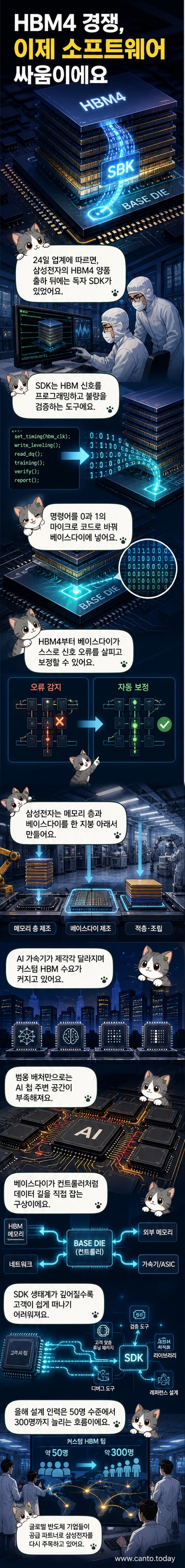 삼성전자의 6세대 HBM(HBM4) 칩 일러스트레이션. 여러 층으로 적층된 메모리 구조와 베이스다이에 내장된 소프트웨어 로직을 시각적으로 표현.