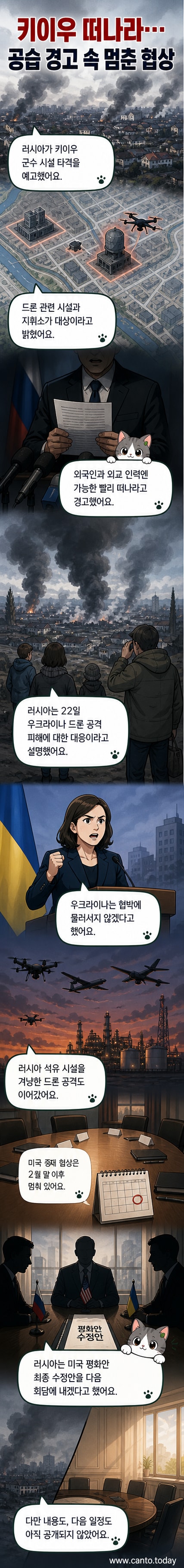 우크라이나 수도 키이우의 도시 전경 위로 러시아의 대규모 공습 경고가 걸리고, 우크라이나 드론이 러시아 석유 시설을 향해 날아가는 시각화된 장면