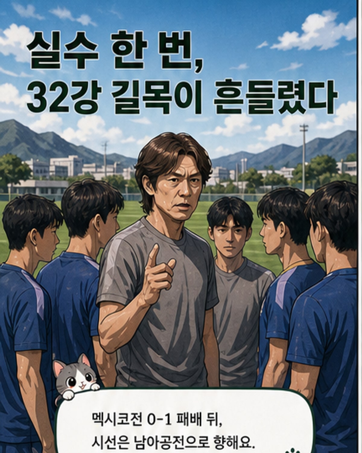 홍명보 감독이 선수들에게 훈련 전 전술 지시를 하고 있는 모습