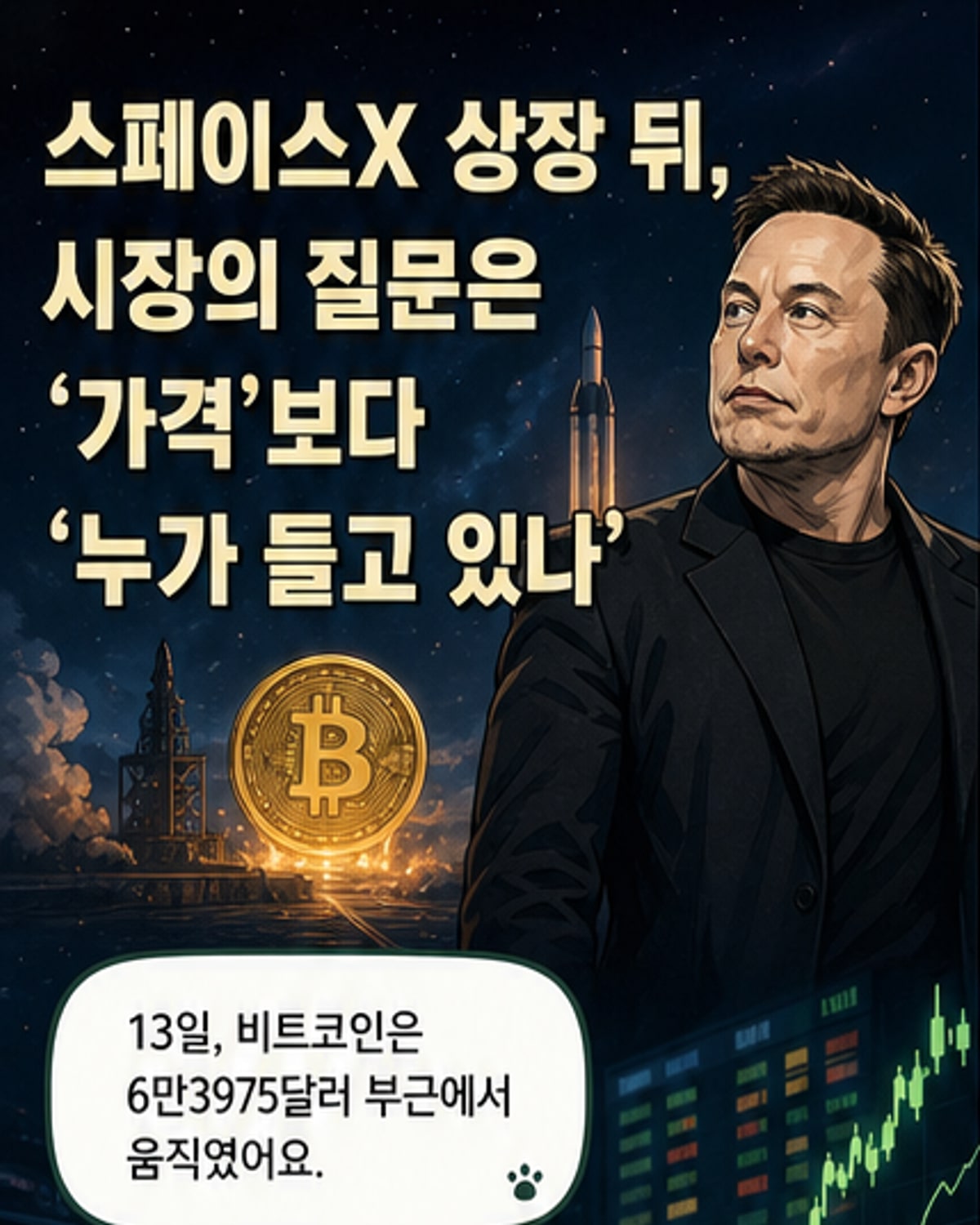 스페이스X 로고와 비트코인 심볼이 나란히 배치된 그래픽. 배경은 우주와 블록체인 네트워크를 형상화한 디지털 흐름.