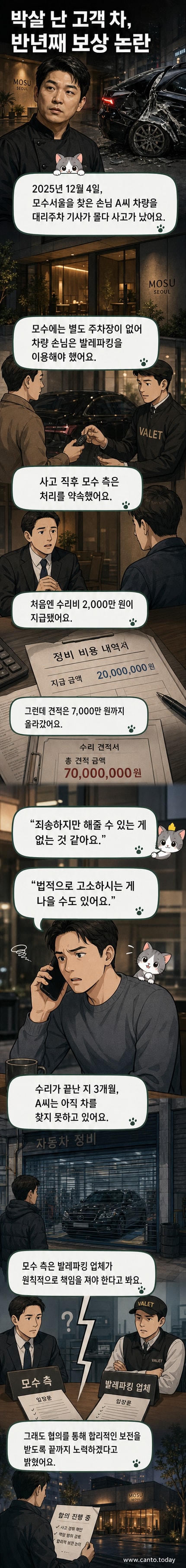 고객 차량이 파손된 후 수리 중인 모습과 모수서울 로고가 함께 있는 시각적 패널