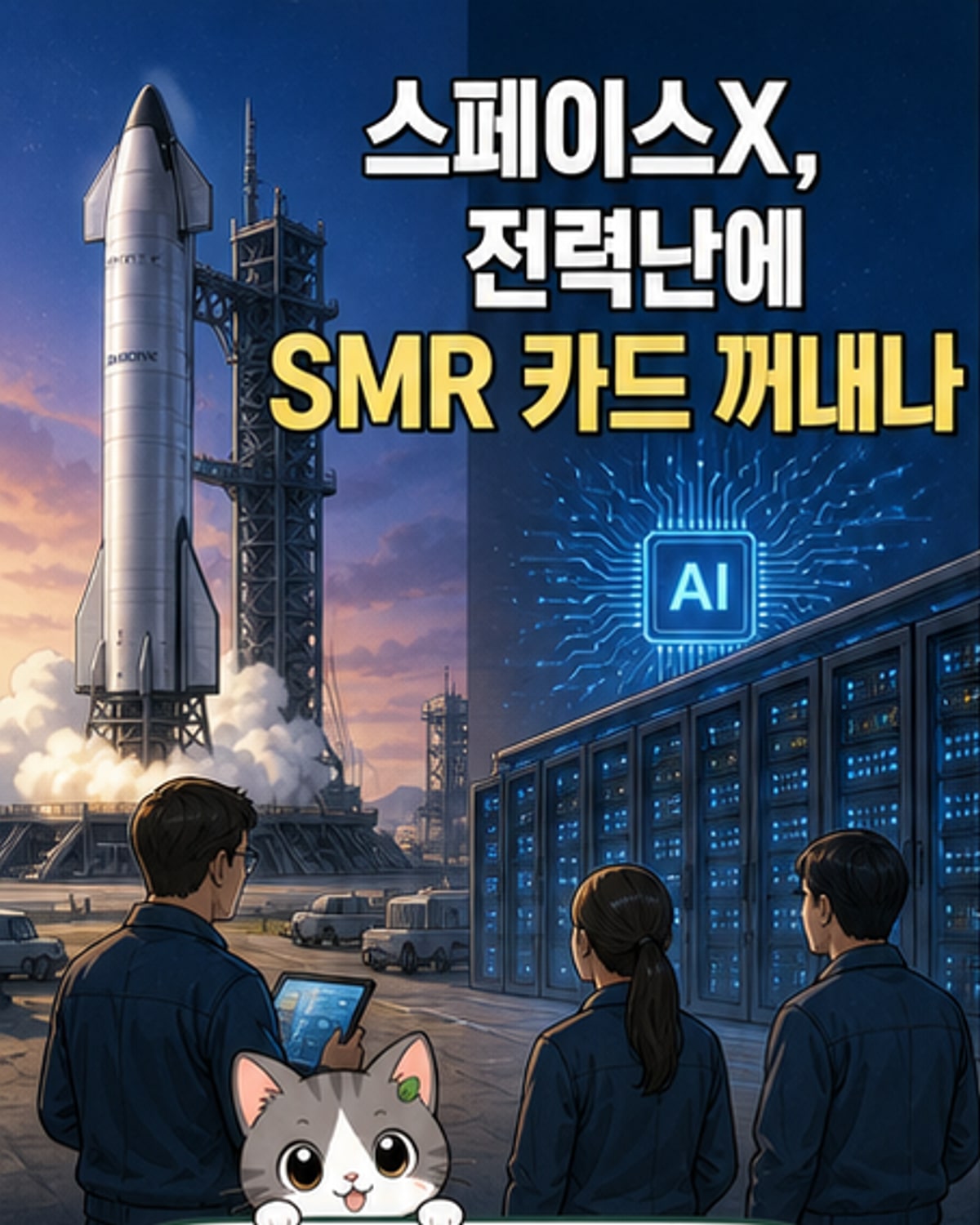 스페이스X 로고와 소형 원자로(SMR)가 함께 있는 디지털 일러스트. 배경은 AI 데이터센터와 우주 기지가 연결된 미래 도시 풍경.