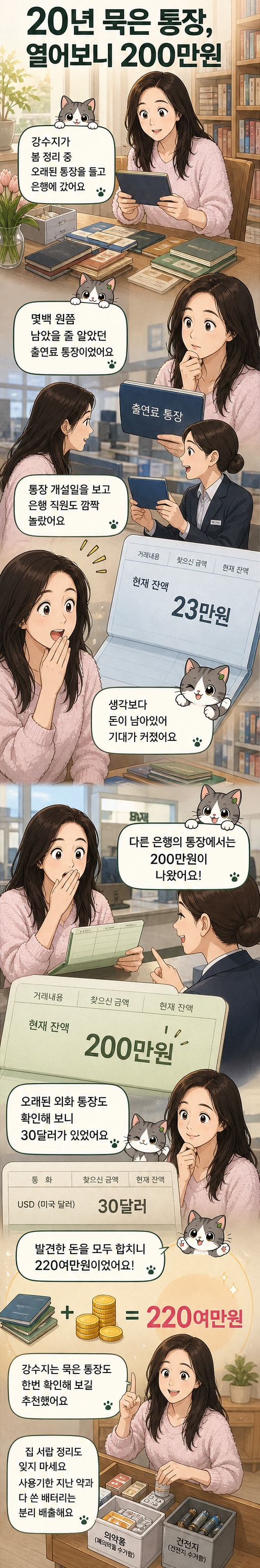 가수 강수지가 봄맞이 정리 중 발견한 오래된 통장과 현금을 보여주는 일러스트