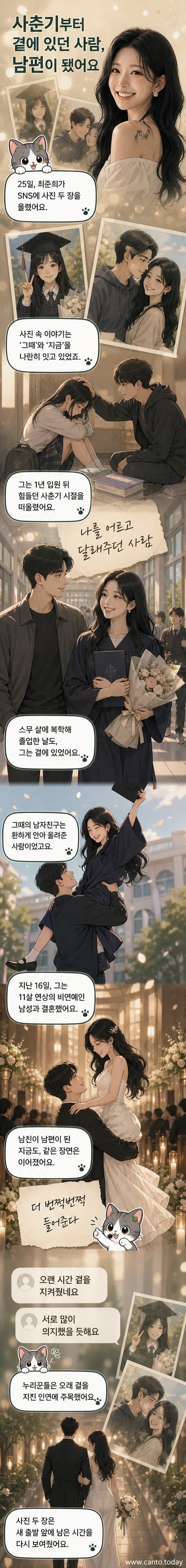 최준희가 남편에게 안겨 웃고 있는 결혼식 사진과 과거 졸업식에서 들려진 모습이 담긴 비교 이미지