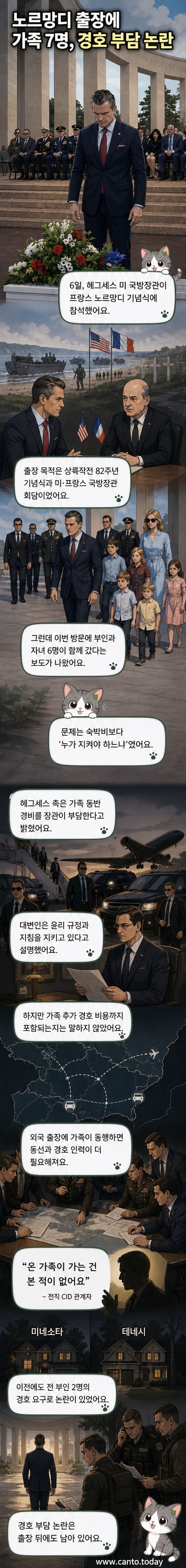 피트 헤그세스 미국 국방장관이 프랑스 노르망디의 미군 묘지에서 헌화하는 모습. 뒤로 경호 요원들이 배치되어 있다.
