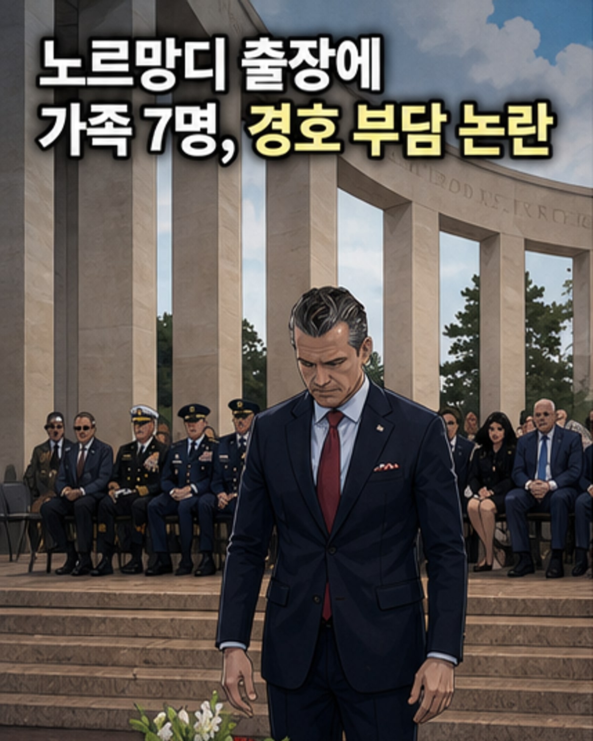피트 헤그세스 미국 국방장관이 프랑스 노르망디의 미군 묘지에서 헌화하는 모습. 뒤로 경호 요원들이 배치되어 있다.