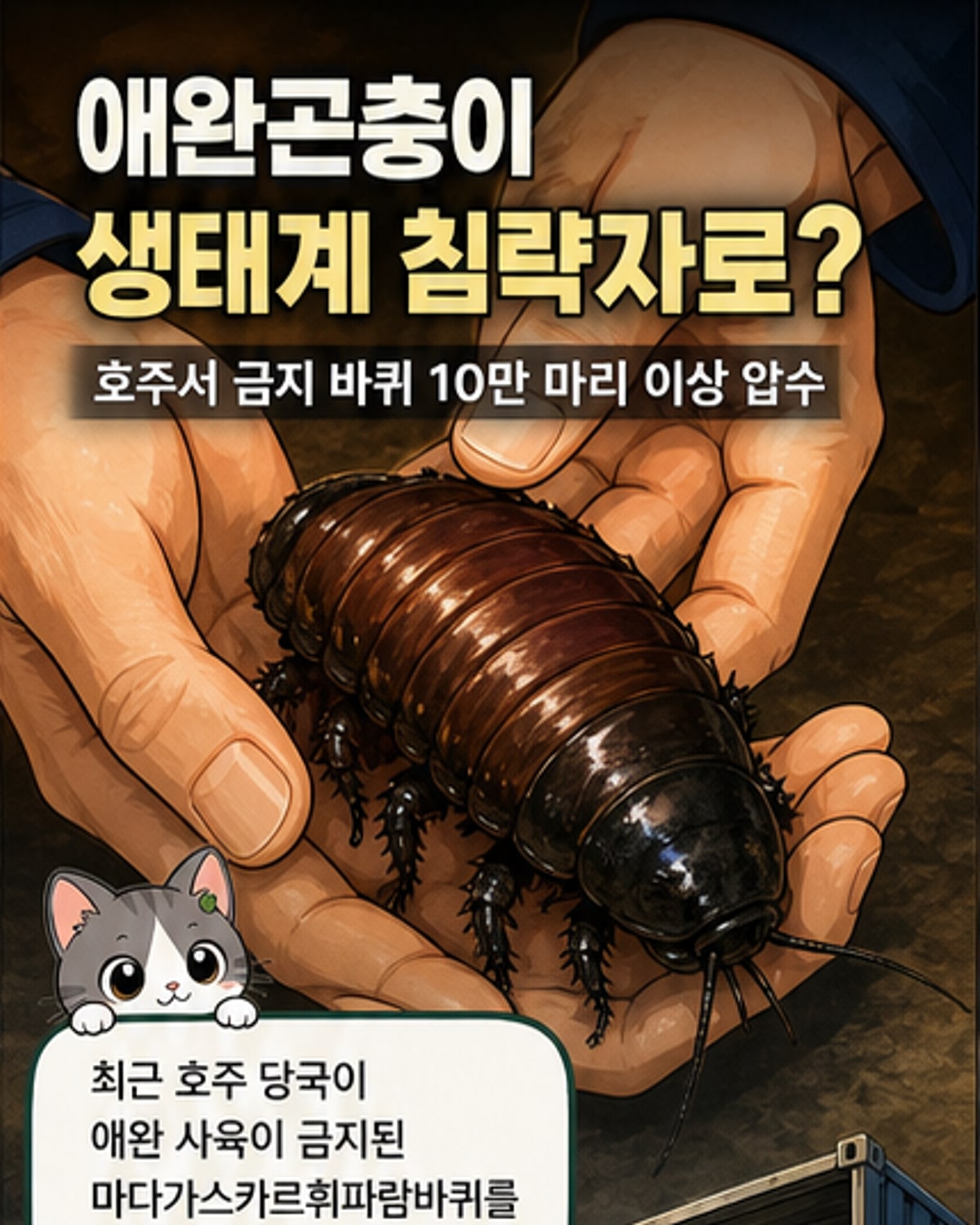 압수된 마다가스카르 휘파람바퀴가 담긴 컨테이너와 이를 점검하는 호주 검역 요원의 모습