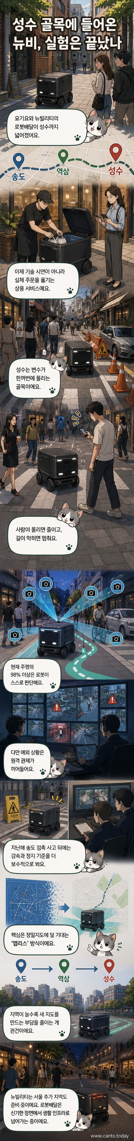 서울 성수동 거리에서 신호를 기다리는 자율주행 배달로봇 '뉴비'. 주변에 보행자와 차량이 있고, 로봇은 횡단보도 앞에 정차해 있다.