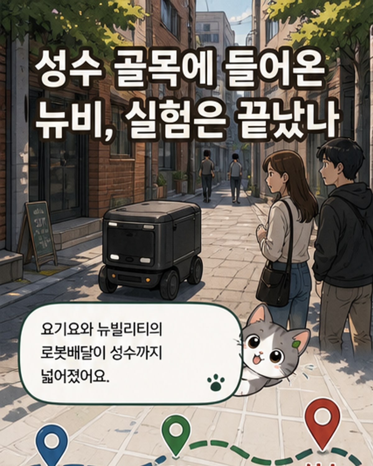 서울 성수동 거리에서 신호를 기다리는 자율주행 배달로봇 '뉴비'. 주변에 보행자와 차량이 있고, 로봇은 횡단보도 앞에 정차해 있다.