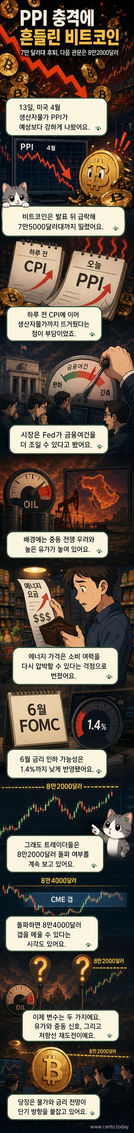 비트코인 그래프가 하락하는 모습과 배경에 미국 PPI 지표 상승을 나타내는 뉴스 헤드라인