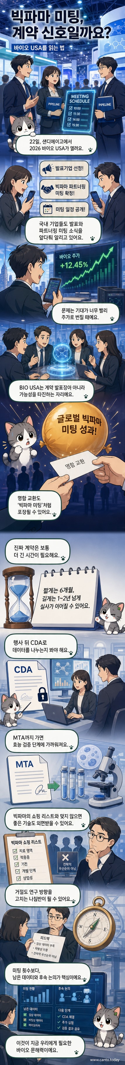 샌디에이고에서 열리는 바이오USA 행사장 입구 앞에서 기업 로고가 붙은 부스들이 줄지어 있는 일러스트