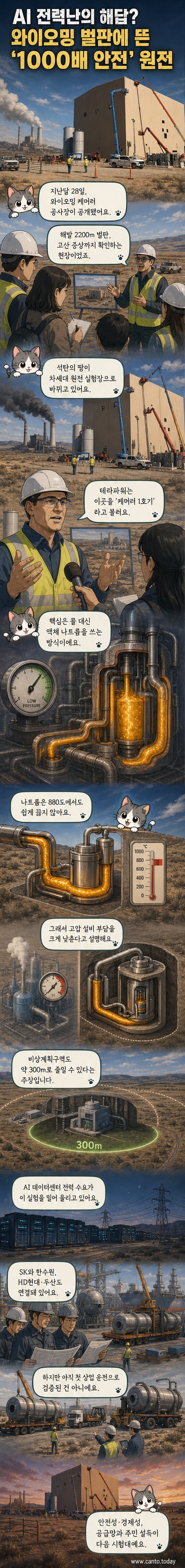 미국 와이오밍주 케머러의 테라파워 소형모듈원전(SMR) 건설 현장. 황량한 벌판에 공사가 진행 중이며, 배경으로는 구형 석탄화력발전소의 연기가 보인다.