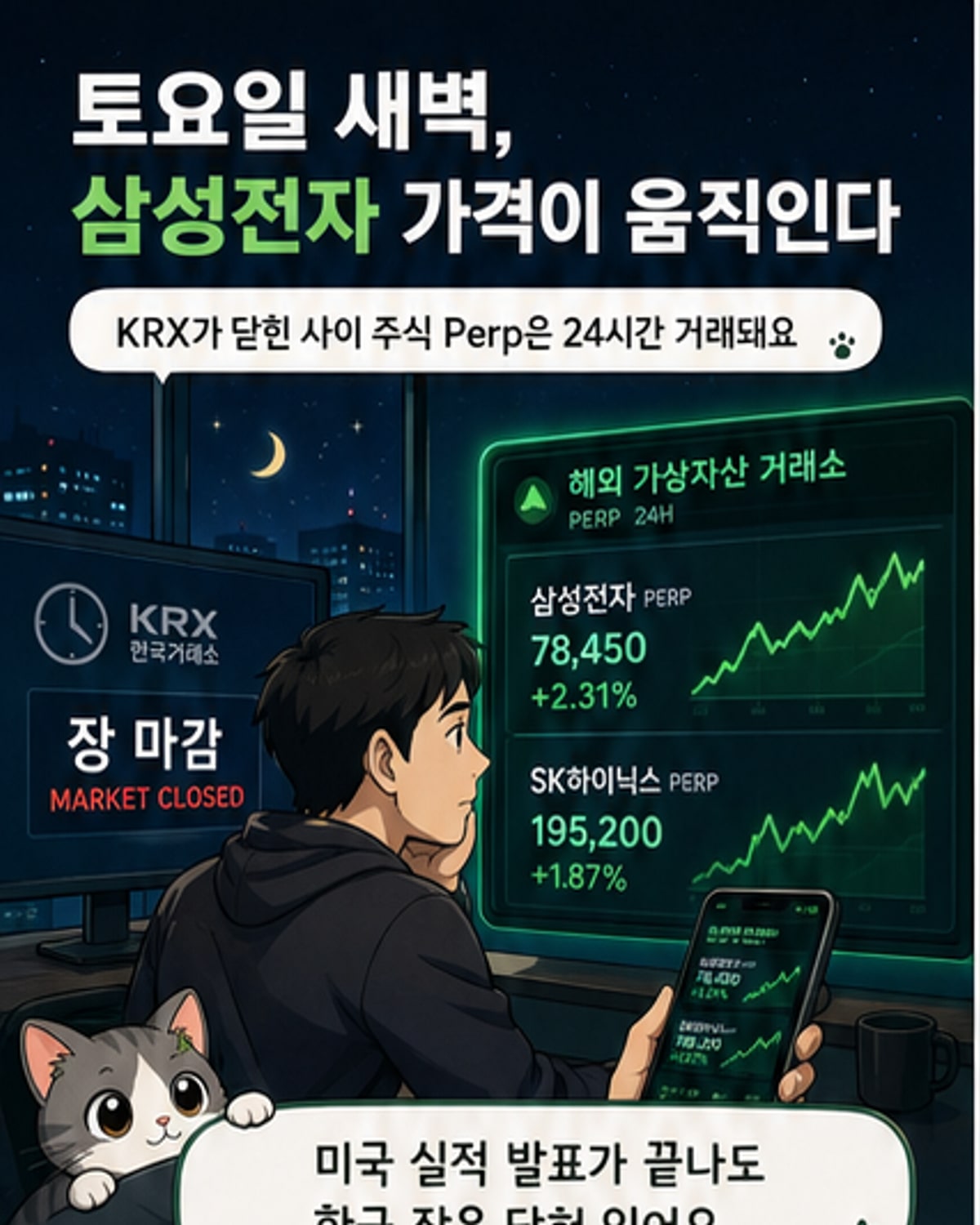 삼성전자 주가를 기반으로 한 가상자산 무기한 선물 거래 화면. 바이낸스 인터페이스에 '삼성전자 Perp'이 24시간 거래되고 있는 모습.