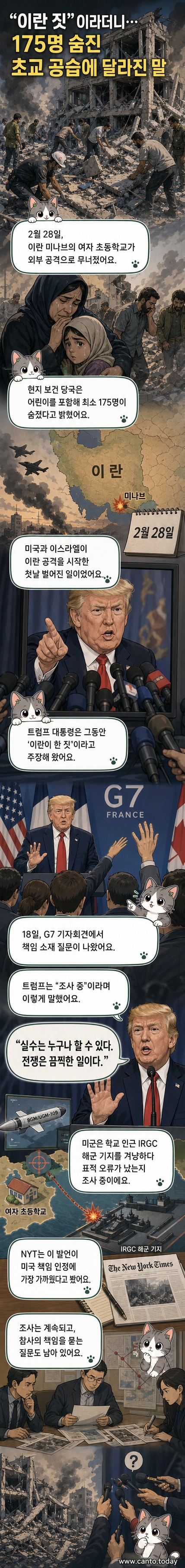 무너진 이란의 한 초등학교에서 시민들이 잔해를 수색하며 구조 작업을 하고 있다. 먼지가 자욱한 현장에 파손된 책상과 교실 구조물이 흩어져 있다.