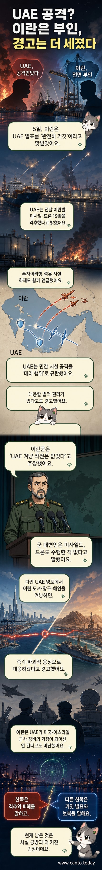 이란과 UAE 국기를 배경으로 군사적 긴장을 상징하는 미사일과 드론이 대치하는 일러스트