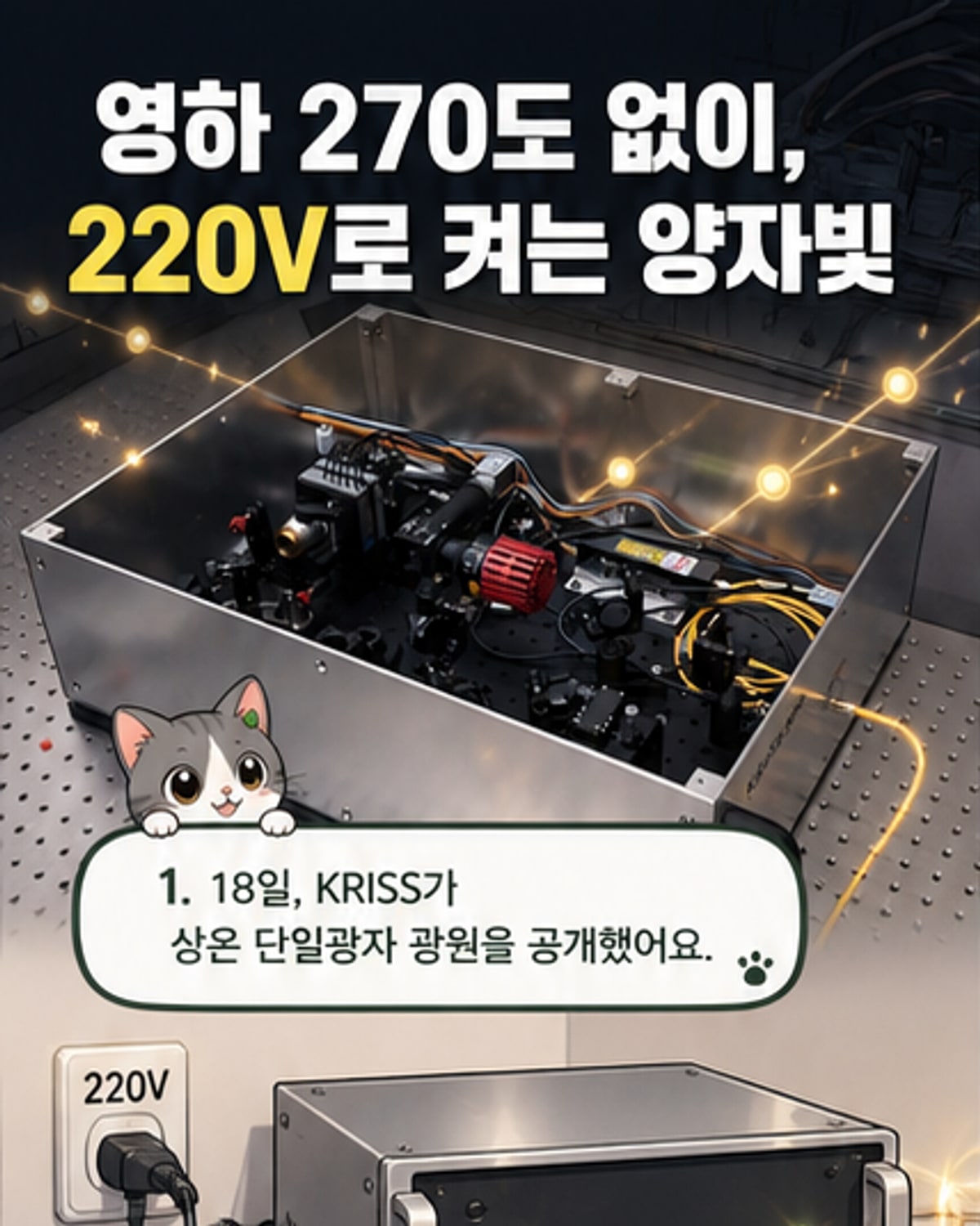 한국표준과학연구원(KRISS)이 개발한 상온 플러그앤플레이 단일광자 광원 장비. 19인치 랙에 통합된 광학·전자 부품이 극저온 장비 없이도 단일광자를 생성한다.