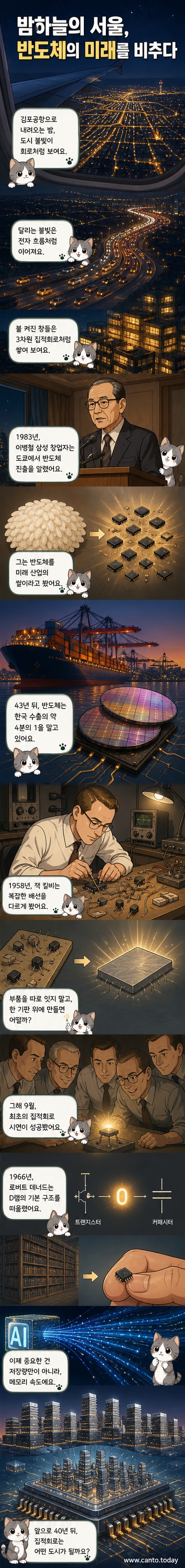 밤하늘에서 본 도시의 불빛이 반도체 회로처럼 보이는 일러스트. 건물 창문과 자동차 불빛이 전선과 전자 흐름처럼 연결되어 있다.