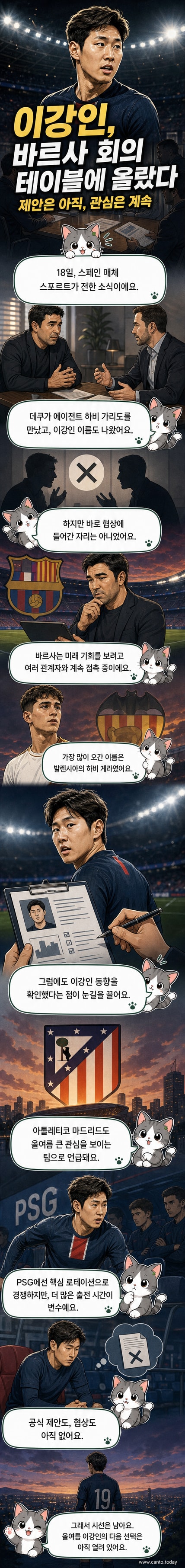 파리 생제르에서 뛰는 한국 축구선수 이강인이 바르셀로나의 관심을 받으며 이적설에 휩싸인 상황을 보여주는 일러스트.
