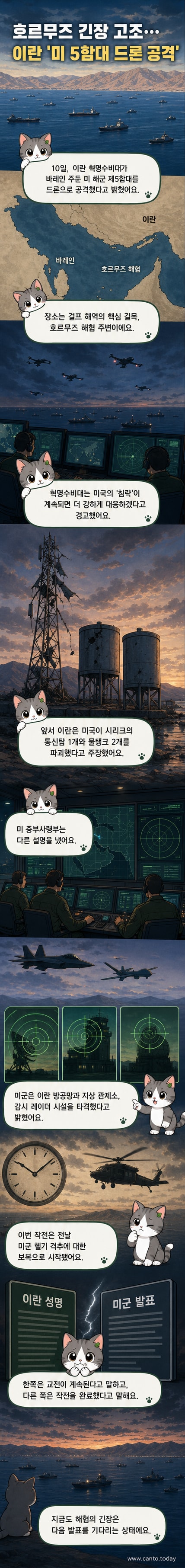 호르무즈 해협 근처에서 군사적 긴장이 고조된 가운데, 이란 혁명수비대의 드론과 미 해군 제5함대 기지가 대치하는 상황을 묘사한 일러스트.