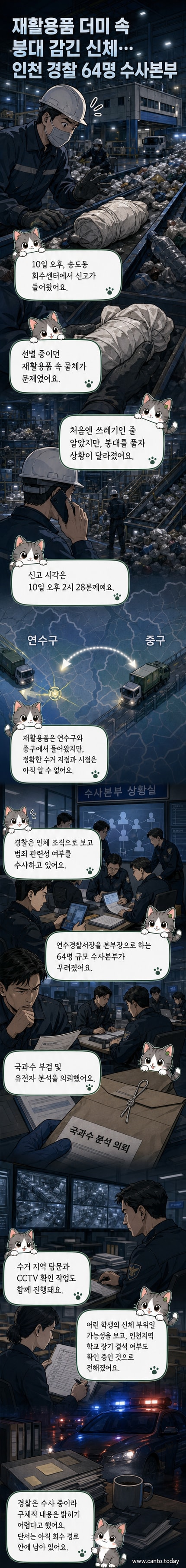 재활용품 컨베이어벨트 위에 붕대에 감싸인 신체 부위가 놓여 있고, 경찰과 조사관들이 주변을 수색하는 장면