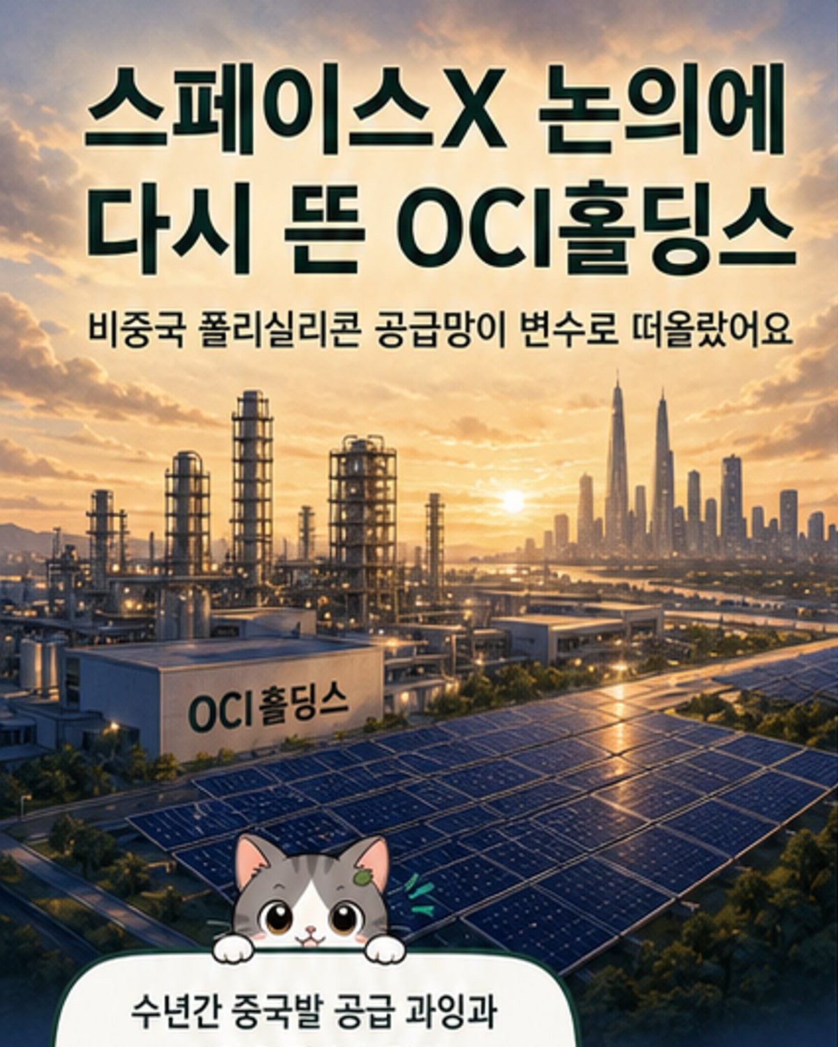 우주 위성과 태양광 패널이 연결된 이미지. OCI의 고품질 폴리실리콘 기술이 스페이스X와의 공급 논의로 주목받고 있음을 시각적으로 표현.