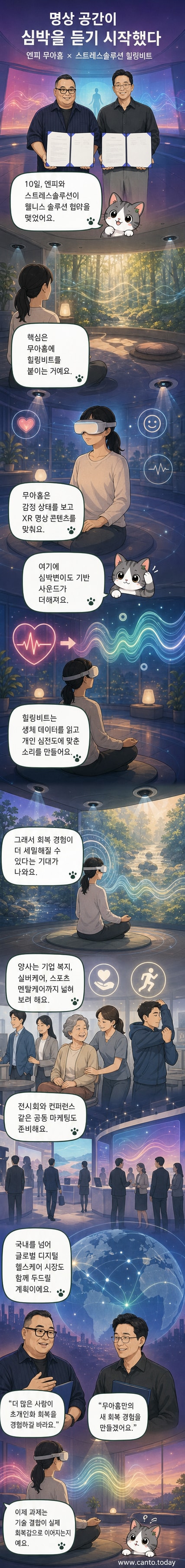엔피와 스트레스솔루션의 대표들이 협약식에서 악수를 나누고 있고, 배경에는 XR 명상과 생체 사운드 기술을 시각화한 그래픽이 나타나 있습니다.