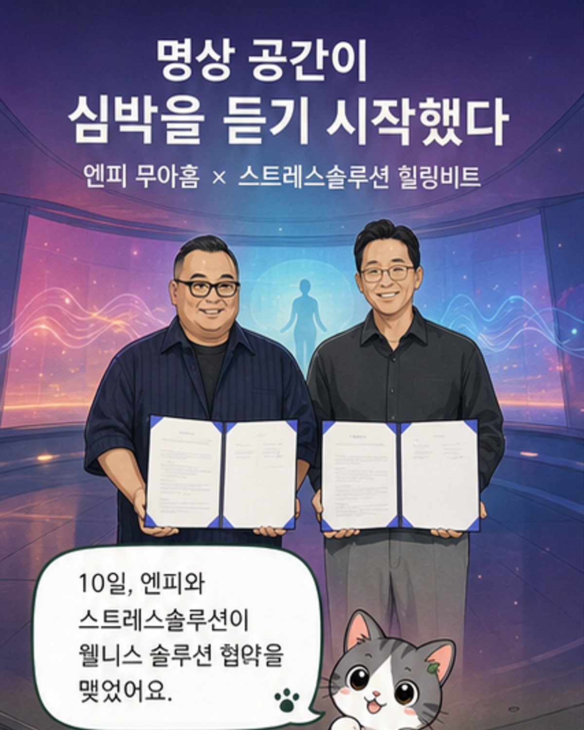 엔피와 스트레스솔루션의 대표들이 협약식에서 악수를 나누고 있고, 배경에는 XR 명상과 생체 사운드 기술을 시각화한 그래픽이 나타나 있습니다.