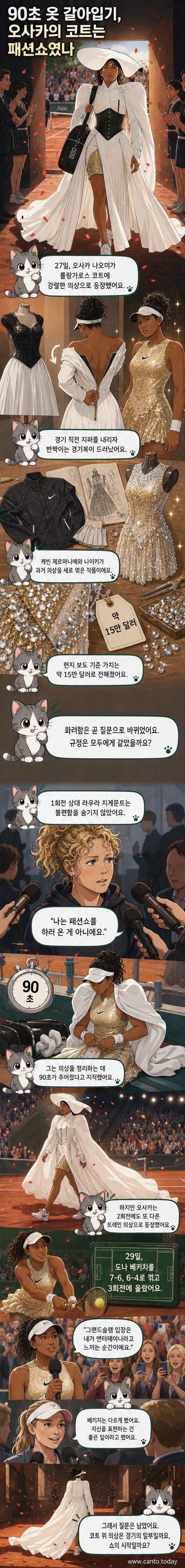 오사카 나오미가 프랑스 오픈 코트에서 검은 코르셋과 금빛 드레스를 입고 등장한 모습. 지퍼를 내리며 경기복으로 갈아입는 퍼포먼스를 선보이고 있다.