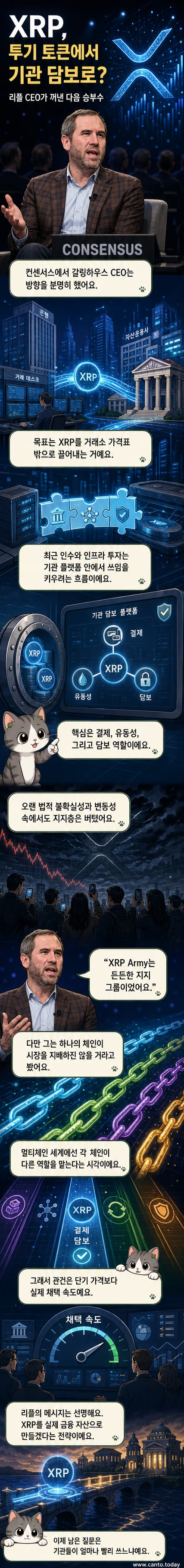 리플 CEO가 기관 금융 시장에서 XRP의 역할을 설명하는 웹툰 패널