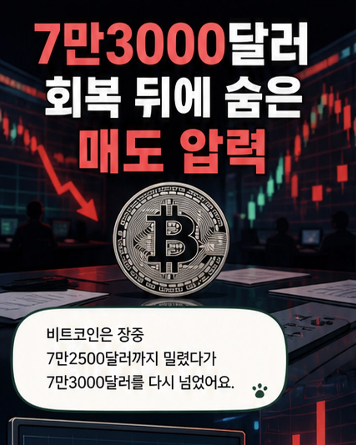 비트코인 7만3천 달러 회복했지만 매도 압력 커져