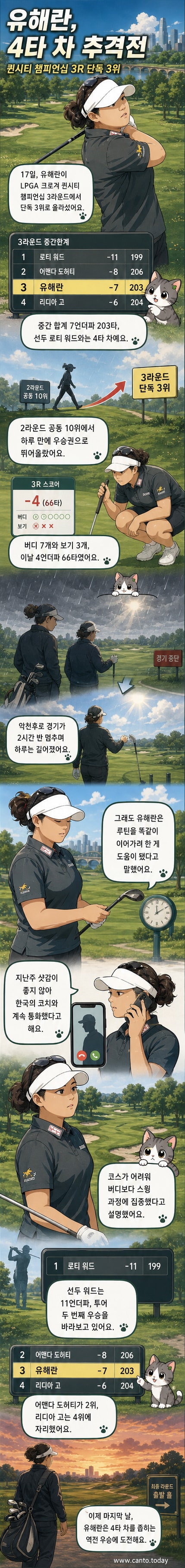 골프 선수 유해란이 그린 위에서 퍼트를 준비하는 모습